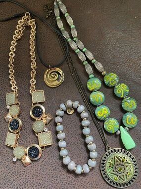 Artisan, Boho, Geometric Green, Gray, Gold Tone Statement Necklaces-